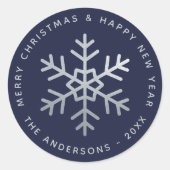 Christmas Snowflake Navy Blue Faux Silver Elegant Ronde Sticker (Voorkant)