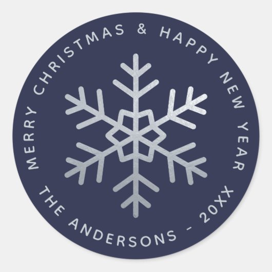 Christmas Snowflake Navy Blue Faux Silver Elegant Ronde Sticker (Voorkant)