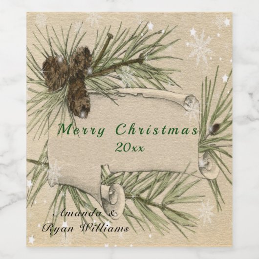 Christmas Snowflakes Pine Cones Pine Tree Branches Wijn Etiket (Enkel label)