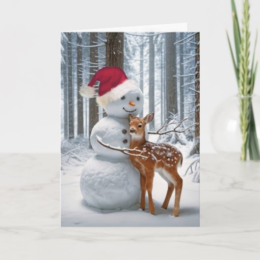 Christmas Snowman Hugging a Fawn Feestdagen Kaart (Voorkant)
