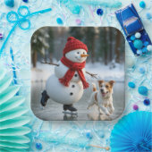 Christmas Snowman Ice Skating With Dog Papieren Bordje (Feest)