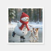 Christmas Snowman Ice Skating With Dog Servet (Voorkant)