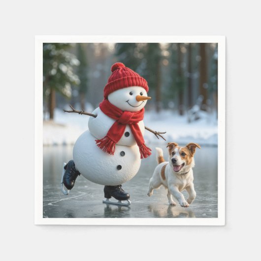 Christmas Snowman Ice Skating With Dog Servet (Voorkant)