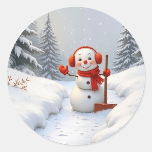 Christmas Snowman with a Red Shovel Ronde Sticker (Voorkant)
