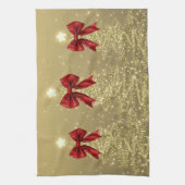 Christmas Sparkling Trees Gold Faux Red Bow Theedoek (Verticaal)