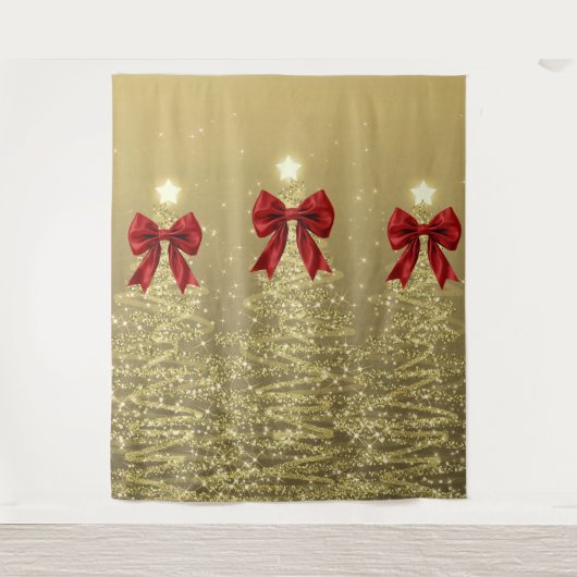 Christmas Sparkling Trees Gold Faux Red Bow  Wandkleed (Voorkant)