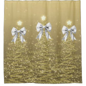 Christmas Sparkling Trees Gold Faux Silver Bow Douchegordijn (Voorkant)