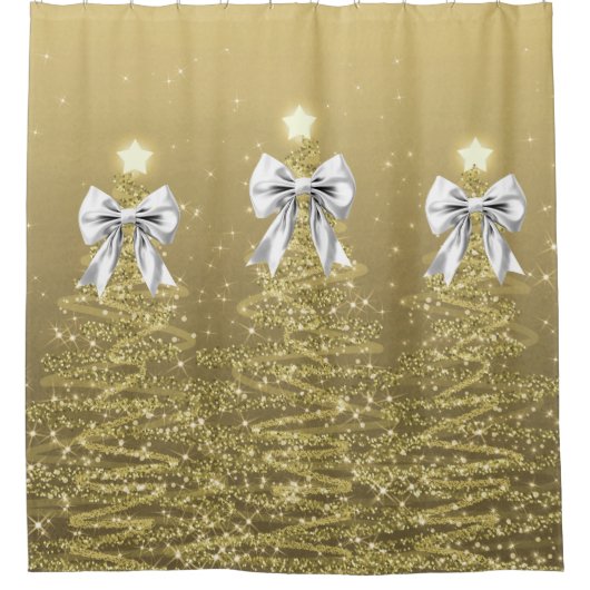 Christmas Sparkling Trees Gold Faux Silver Bow Douchegordijn (Voorkant)