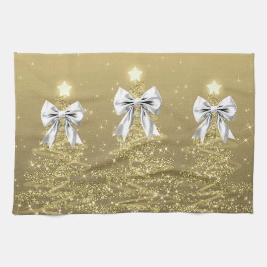 Christmas Sparkling Trees Gold Faux Silver Bow Theedoek (Horizontaal)