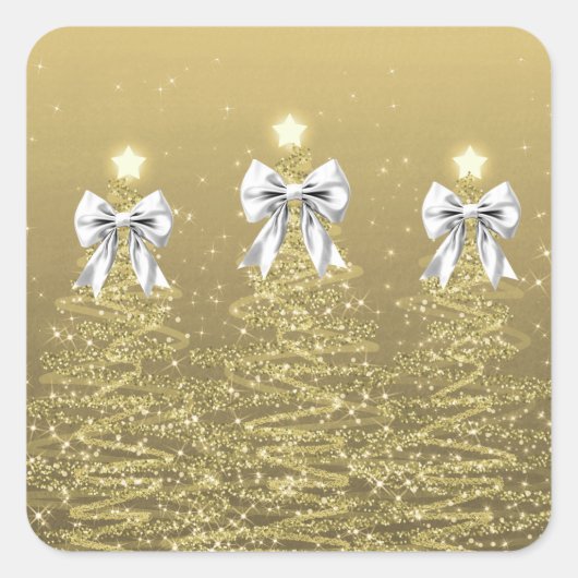 Christmas Sparkling Trees Gold Faux Silver Bow  Vierkante Sticker (Voorkant)