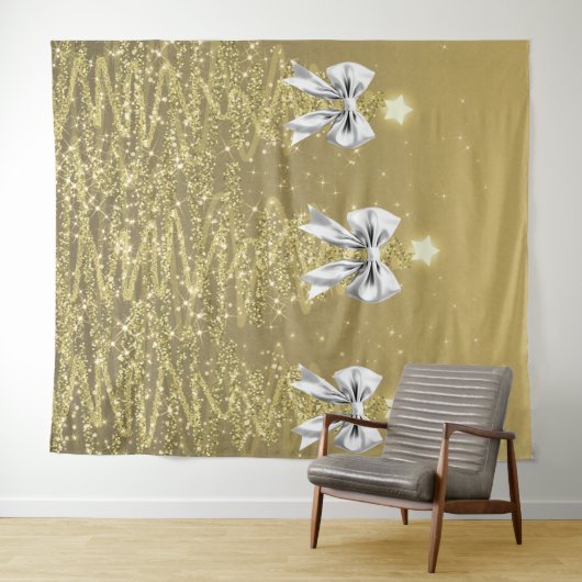 Christmas Sparkling Trees Gold Faux Silver Bow Wandkleed (In Situ (horizontaal))