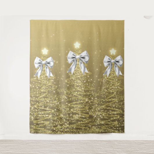 Christmas Sparkling Trees Gold Faux Silver Bow Wandkleed (Voorkant)