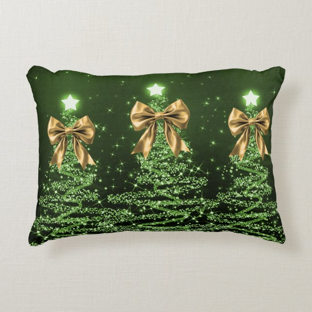 Christmas Sparkling Trees Green Faux Gold Bow  Accent Kussen (Voorkant)