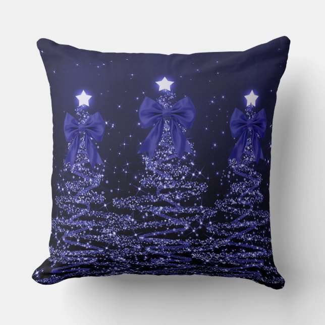 Christmas Sparkling Trees Navy Blue Faux Bow  Kussen (Voorkant)