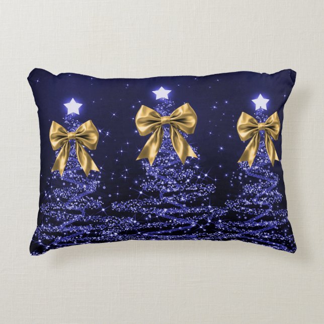 Christmas Sparkling Trees Navy Blue Faux Gold Bow  Accent Kussen (Voorkant)
