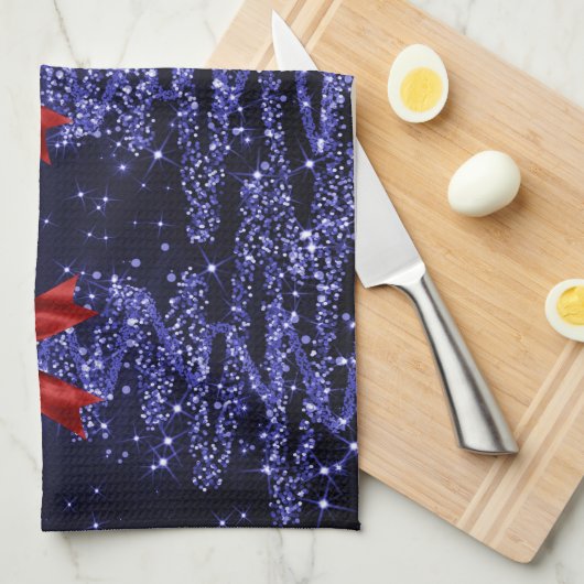 Christmas Sparkling Trees Navy Blue Faux Red Bow  Theedoek (Quarter Fold)