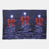 Christmas Sparkling Trees Navy Blue Faux Red Bow Theedoek (Horizontaal)