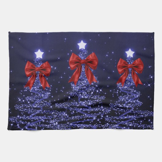 Christmas Sparkling Trees Navy Blue Faux Red Bow  Theedoek (Horizontaal)