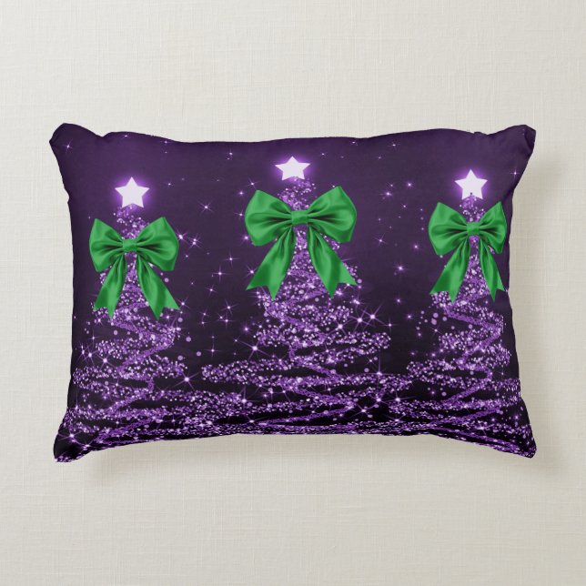 Christmas Sparkling Trees Purple Faux Green Bow  Accent Kussen (Voorkant)