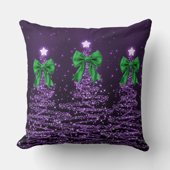 Christmas Sparkling Trees Purple Faux Green Bow  Kussen (Voorkant)