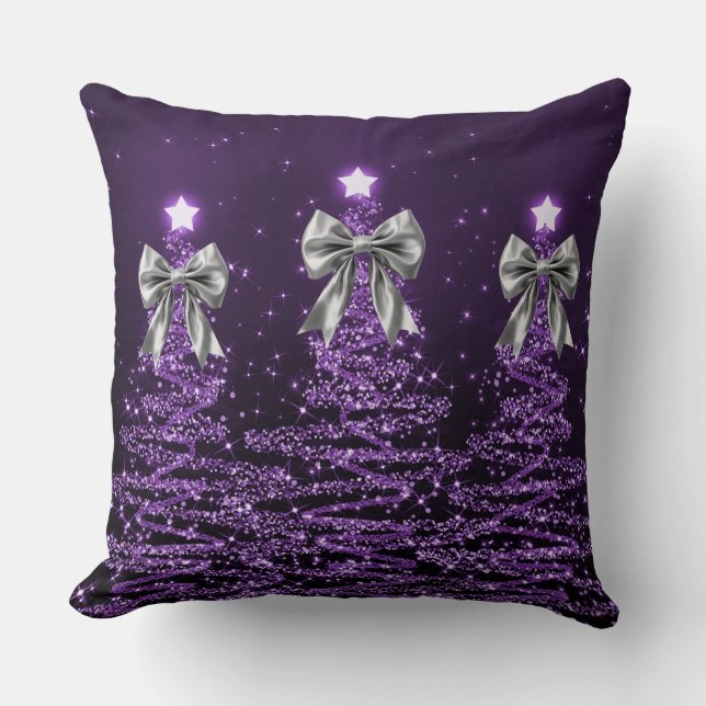 Christmas Sparkling Trees Purple Faux Silver Bow  Kussen (Voorkant)