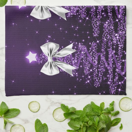 Christmas Sparkling Trees Purple Faux Silver Bow Theedoek (Gevouwen)