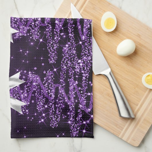 Christmas Sparkling Trees Purple Faux Silver Bow Theedoek (Quarter Fold)