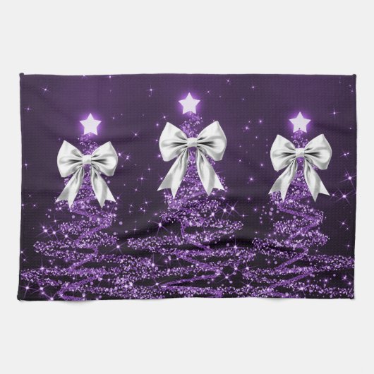 Christmas Sparkling Trees Purple Faux Silver Bow  Theedoek (Horizontaal)