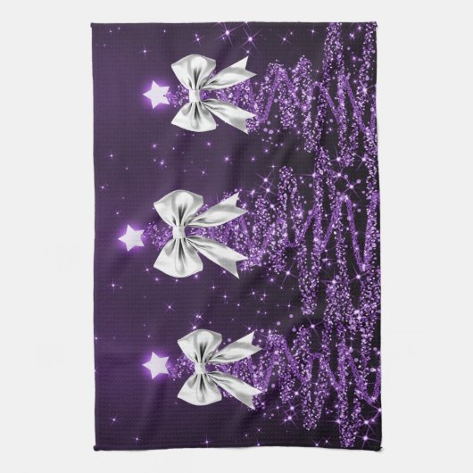 Christmas Sparkling Trees Purple Faux Silver Bow Theedoek (Verticaal)