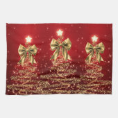Christmas Sparkling Trees Red Gold Faux Bow  Theedoek (Horizontaal)
