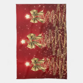 Christmas Sparkling Trees Red Gold Faux Bow  Theedoek (Verticaal)