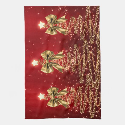 Christmas Sparkling Trees Red Gold Faux Bow  Theedoek (Verticaal)