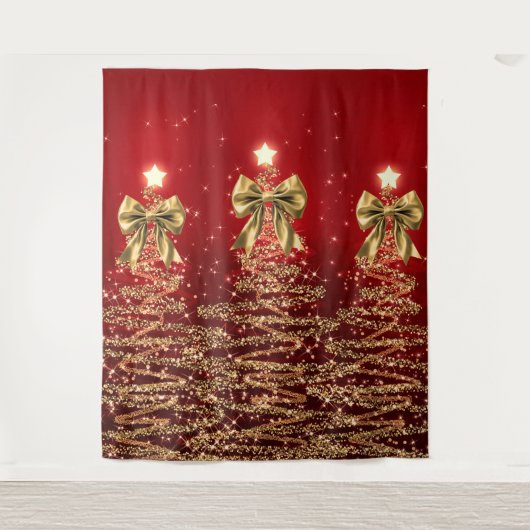 Christmas Sparkling Trees Red Gold Faux Bow  Wandkleed (Voorkant)