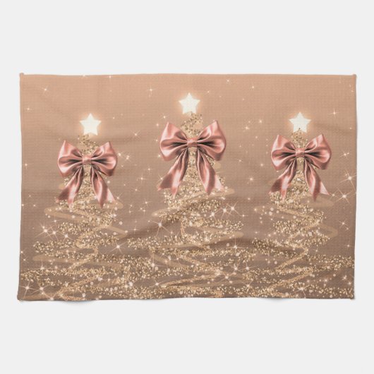 Christmas Sparkling Trees Rose Gold Faux Bow Theedoek (Horizontaal)