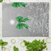 Christmas Sparkling Trees Silver Faux Green Bow Theedoek (Gevouwen)