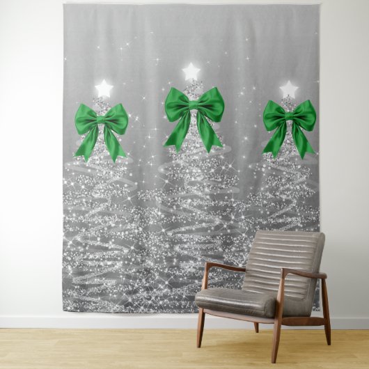 Christmas Sparkling Trees Silver Faux Green Bow  Wandkleed (In situ)
