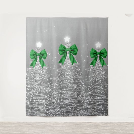Christmas Sparkling Trees Silver Faux Green Bow  Wandkleed (Voorkant)