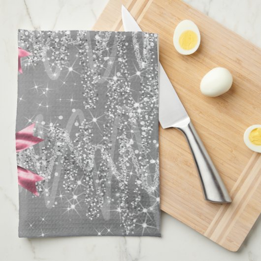 Christmas Sparkling Trees Silver Faux Pink Bow  Theedoek (Quarter Fold)