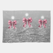 Christmas Sparkling Trees Silver Faux Pink Bow Theedoek (Horizontaal)