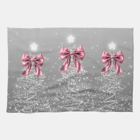 Christmas Sparkling Trees Silver Faux Pink Bow Theedoek (Horizontaal)