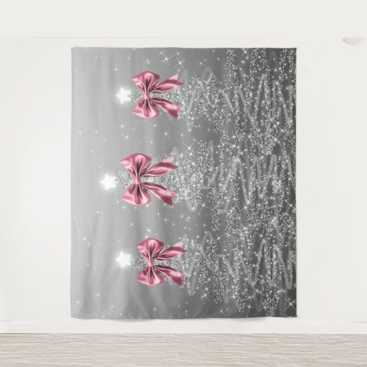 Christmas Sparkling Trees Silver Faux Pink Bow Wandkleed (Voorkant)