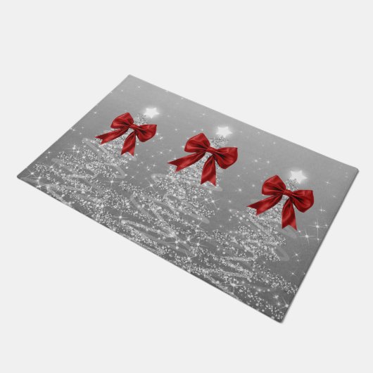 Christmas Sparkling Trees Silver Faux Red Bow Deurmat (Schuin)