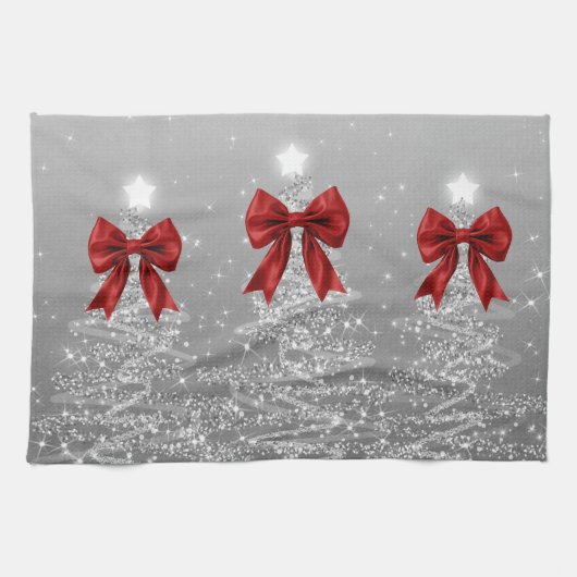 Christmas Sparkling Trees Silver Faux Red Bow  Theedoek (Horizontaal)