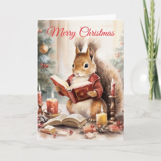 Christmas Squirrel reading Feestdagen Kaart (Voorkant)