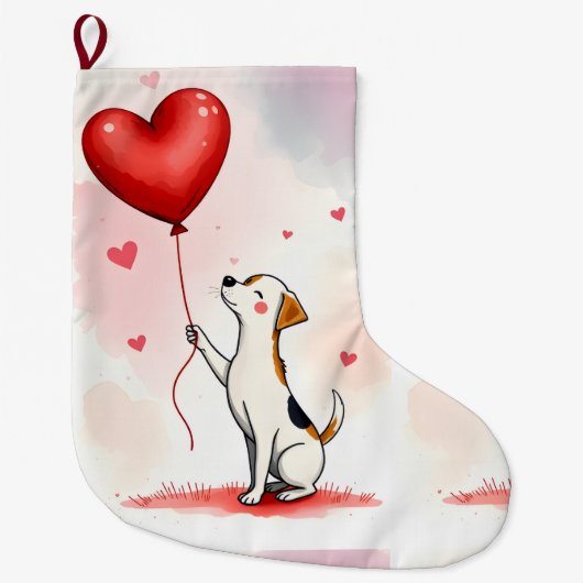 Christmas Stocking,  Dog Red Heart Grote Kerstsok (Voorkant)