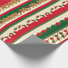 Christmas Stripes Gingerbread & Ornaments Pattern Cadeaupapier