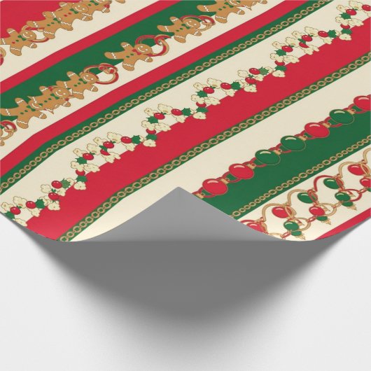 Christmas Stripes Gingerbread & Ornaments Pattern Cadeaupapier (Hoek)