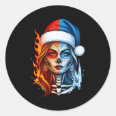 Christmas Sugar Skull Art Woman Santa Hat Fantasy Ronde Sticker (Voorkant)