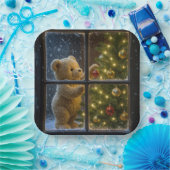 Christmas Teddy Bear Decorating a Tree Papieren Bordje (Feest)