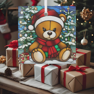 Christmas Teddy Bear Faux Glas in lood Ornament
